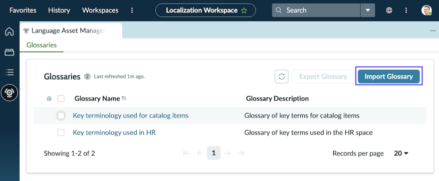 In the Language Asset Management area, the Import Glossary button is highlighted.