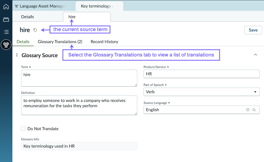 A source term's Details tab, showing fields such as the Definition. The Glossary Translation tab for this source term is highlighted. That tab opens a list of the term's translations.