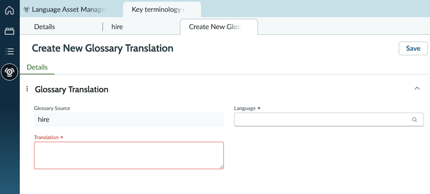 The form to add a translation for a source term. Available fields are Language and Translation.