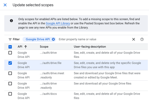 Selecting a file for the Google Drive API scope.
