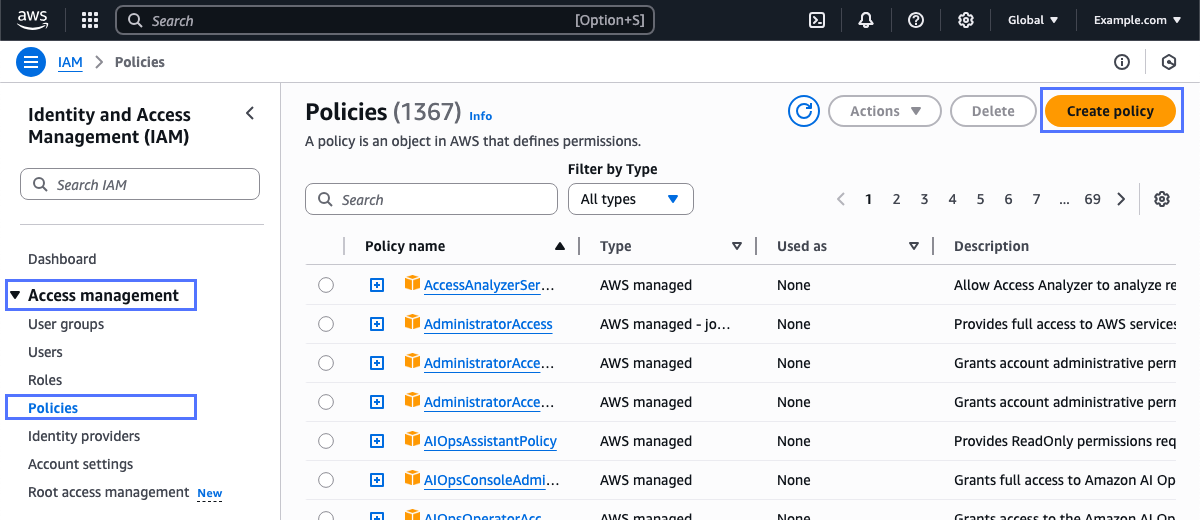 Policies page in AWS Management Console IAM web service.