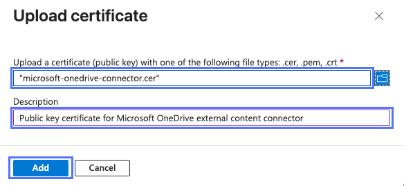 Upload certificate dialog box in Microsoft Entra admin center.