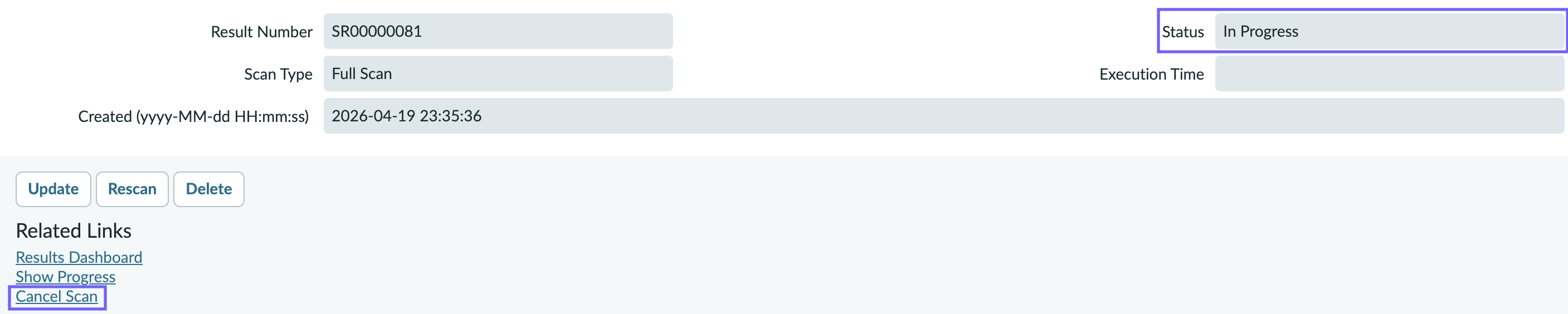 Screenshot showing the status and cancel scan related link