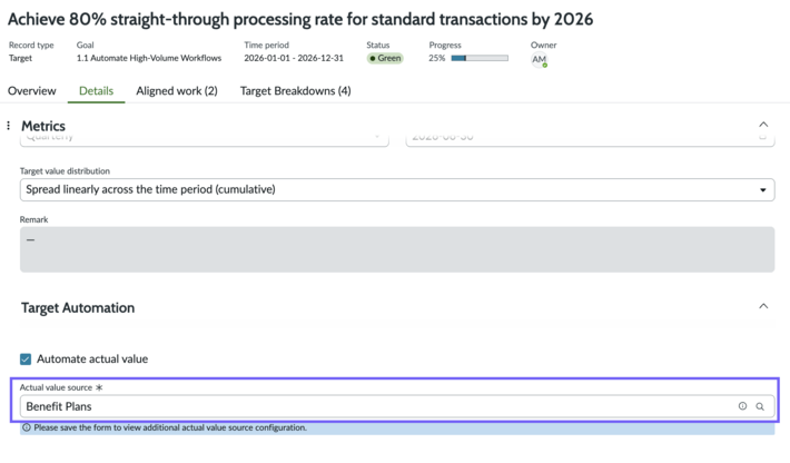 Selecting target source for automating target actuals in Strategic Planning
