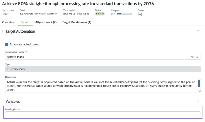 Benefit plan variables for target source in Strategic Planning
