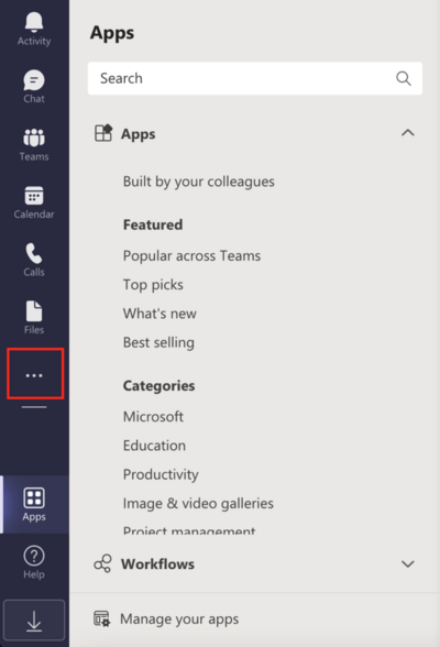 Microsoft Teams 점 3개 메뉴 아이콘이 강조 표시된 앱 포털입니다.