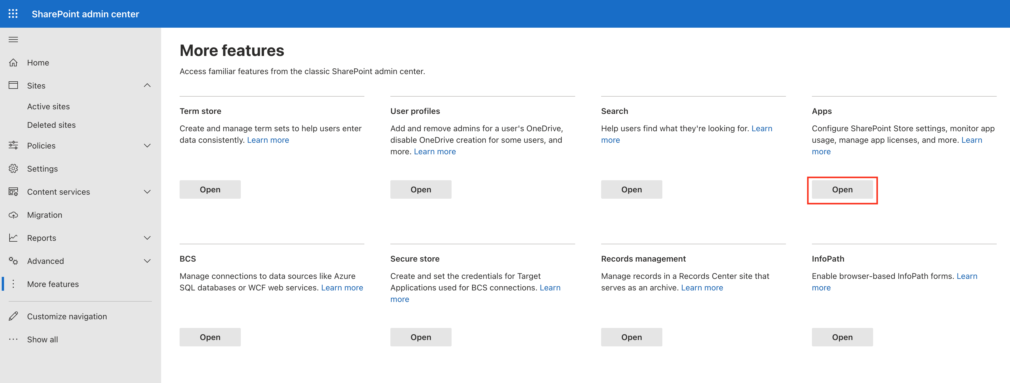 Microsoft Sharepoint 管理センターの「アプリを開く」アクション