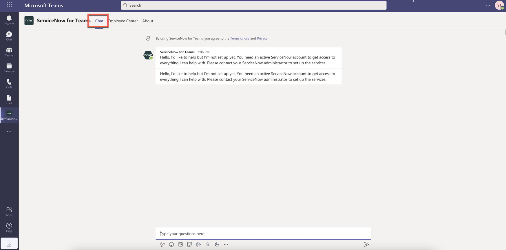 Microsoft Teams の [チャット] タブ。