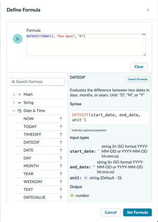 Panneau latéral Définir une formule affichant la formule DATEDIF(TODAY(),"Due Date&nbsp;»,"D&nbsp;») saisie pour calculer les jours restants jusqu’à la date d’échéance.