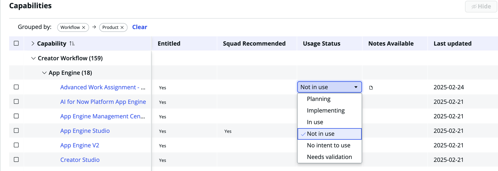 Change Usage status by double-clicking on the Usage status column.