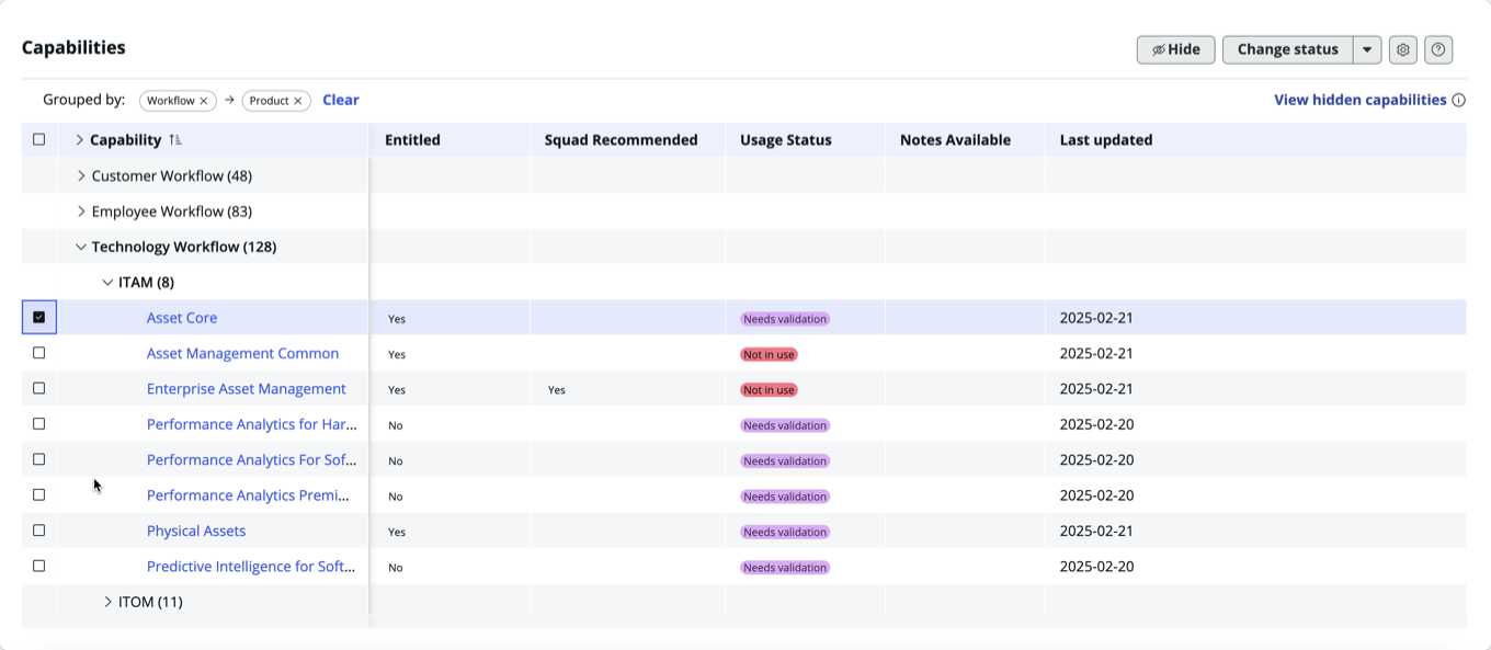 List of Capabilities indicating Usage status such as Needs Validation and Not in Use.