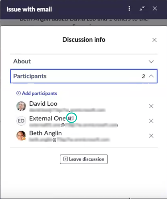 Fenêtre d’informations de discussion, avec Microsoft Teams l’icône mise en évidence à côté du nom d’utilisateur Externe.