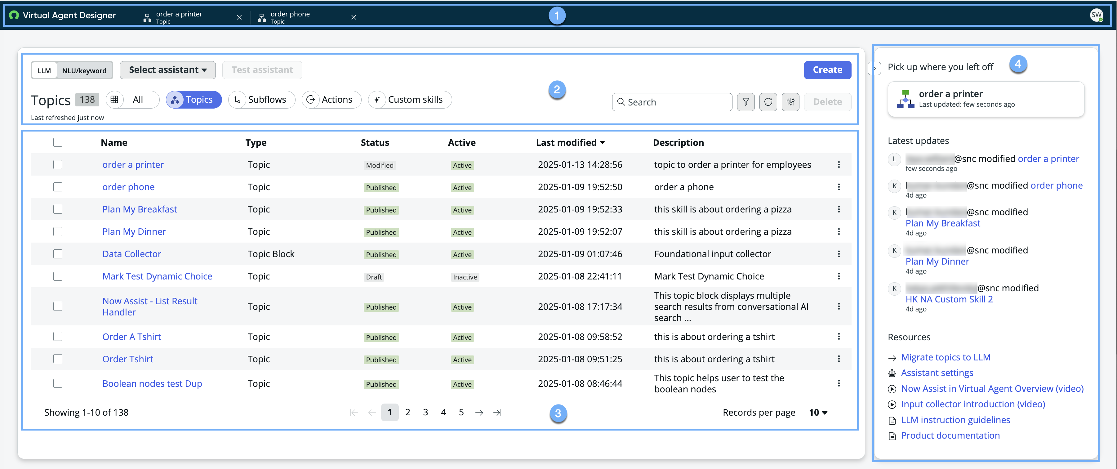 Concepteur d'agent virtuel Vue de page Rubriques de Studio conversationnel avec 4 sections en surbrillance. Pour plus d’informations, consultez les filtres et options dans le tableau de la page des rubriques.