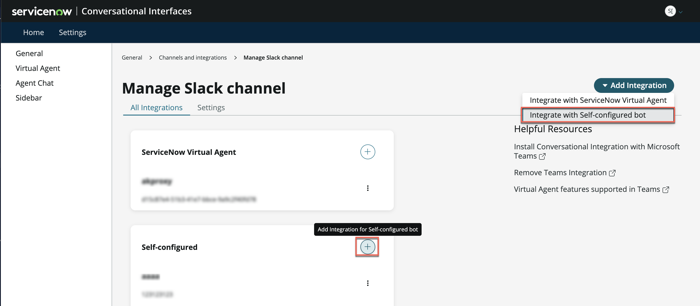 Gérez la Slack vue des canaux dans les paramètres généraux d’Interfaces conversationnelles. Le bouton Ajouter une intégration pour le bot autoconfiguré et l’option Intégrer au bot autoconfiguré dans la liste déroulante Ajouter une intégration sont mis en surbrillance.