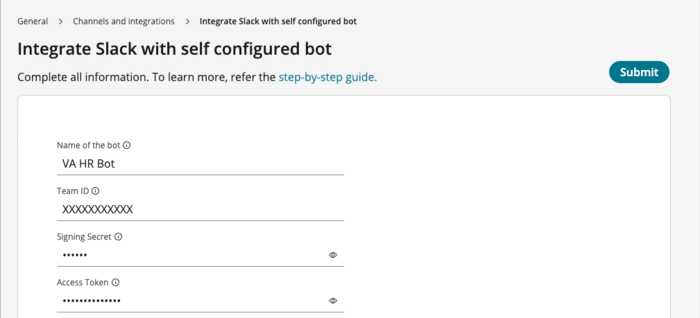 Pour intégrer Slack, fournissez le nom de l’agent, l’ID de l’équipe, le secret de connexion et le jeton d’accès.