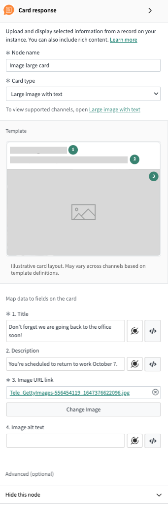 Les propriétés de base comprennent le nom du nœud, le type de carte, le modèle de carte, le titre, la description, le lien de l’image et le texte alt de l’image.