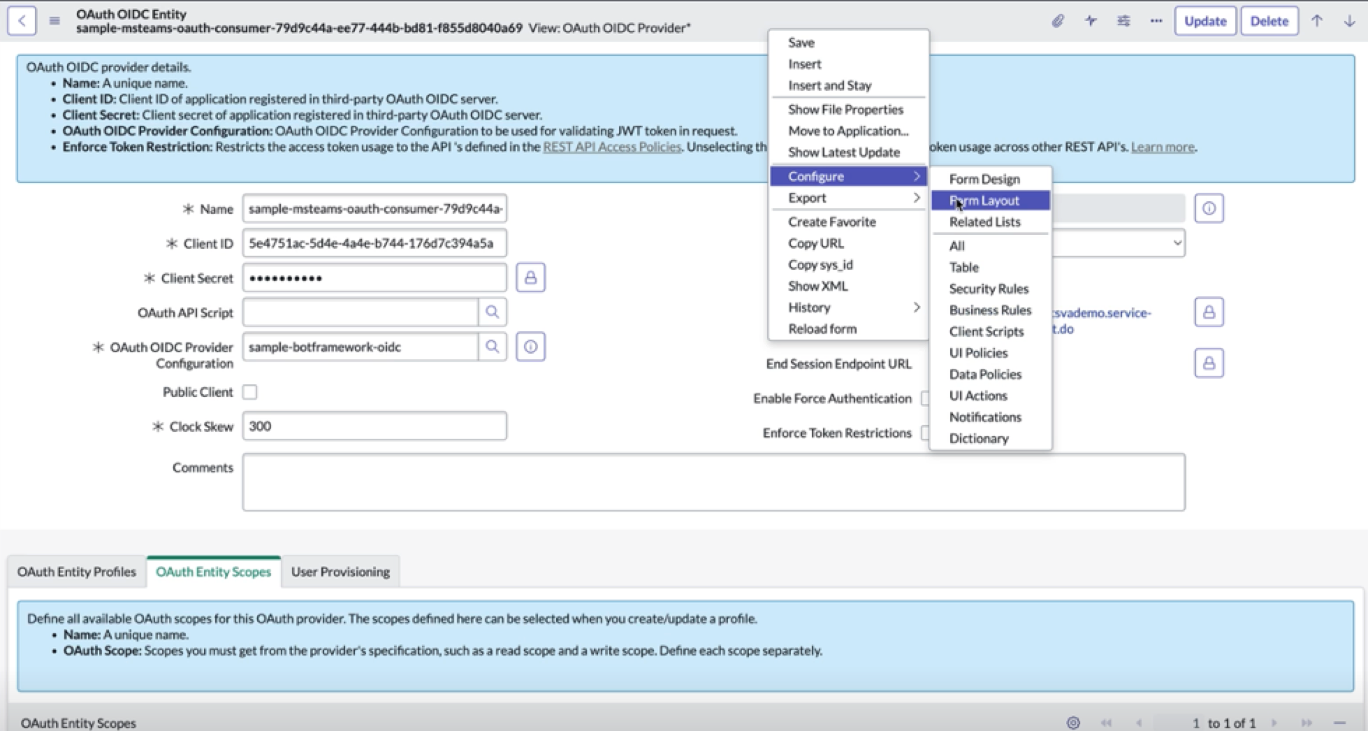 Page d’enregistrement de l’entité OIDC OAuth avec la mise en page du formulaire sélectionnée dans l’option Configurer.