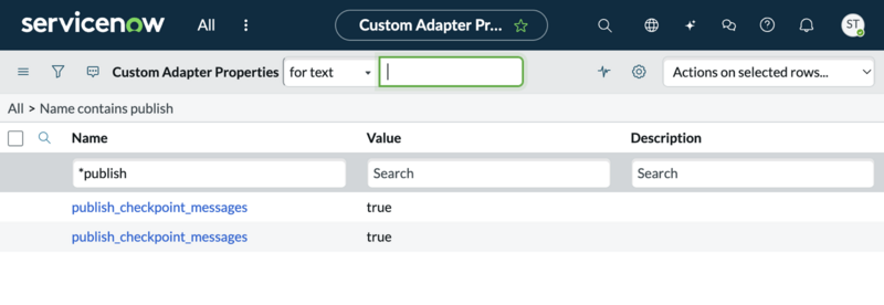 Table des propriétés de l’adaptateur personnalisé affichant le résultat de la recherche pour publish_checkpoint_messages enregistrements.