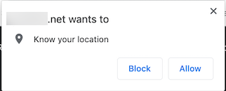 Boîte de dialogue avec boutons Bloquer et Autoriser, et message d’un site Web anonyme demandant à connaître l’emplacement de l’utilisateur.