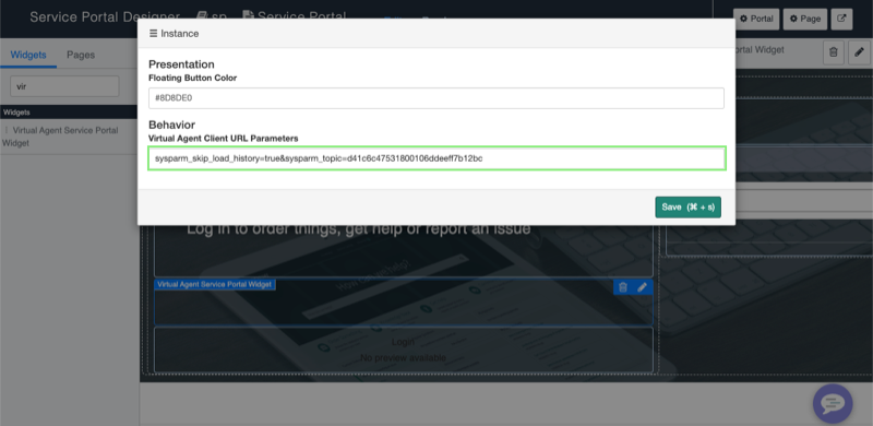 Portail de services Page Designer avec la boîte de dialogue Instance ouverte. Le champ Paramètres de l’URL du client Agent virtuel est mis en surbrillance.