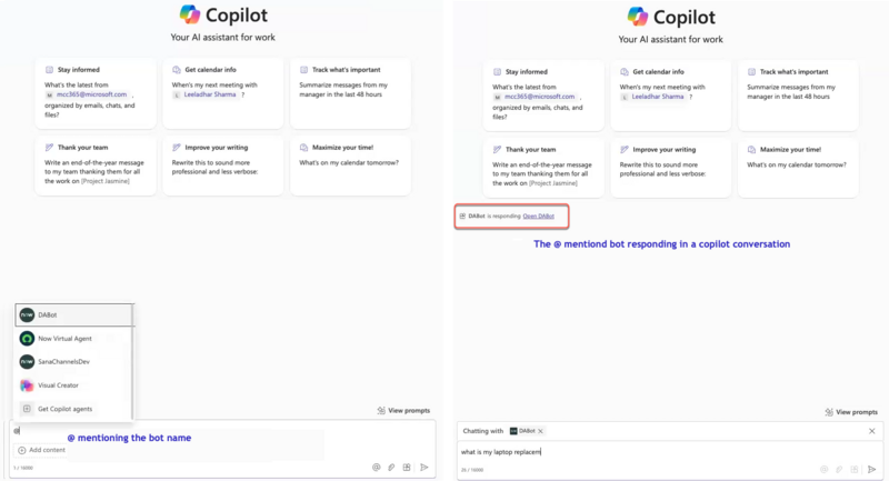 Utilisateur utilisant la fonctionnalité @-mention dans Copilot pour appeler le bot.