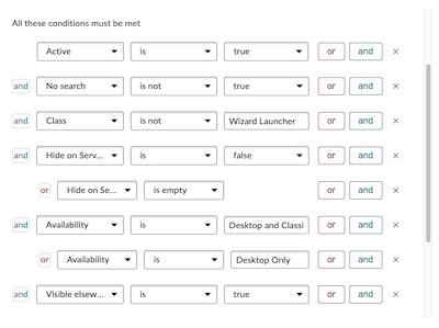 Vue de table pour la modification des conditions.