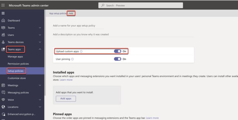 Microsoft Teams Portail Admin Center, avec l’onglet des applications Teams ouvert et les stratégies de configuration sélectionnées. Les zones Applications Teams, Politiques de configuration, Ajouter des politiques et Télécharger des applications personnalisées sont mises en surbrillance.