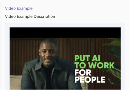Microsoft Teams carte vidéo, affichant le titre d’en-tête Exemple vidéo et la ligne d’espace réservé Description de l’exemple vidéo.