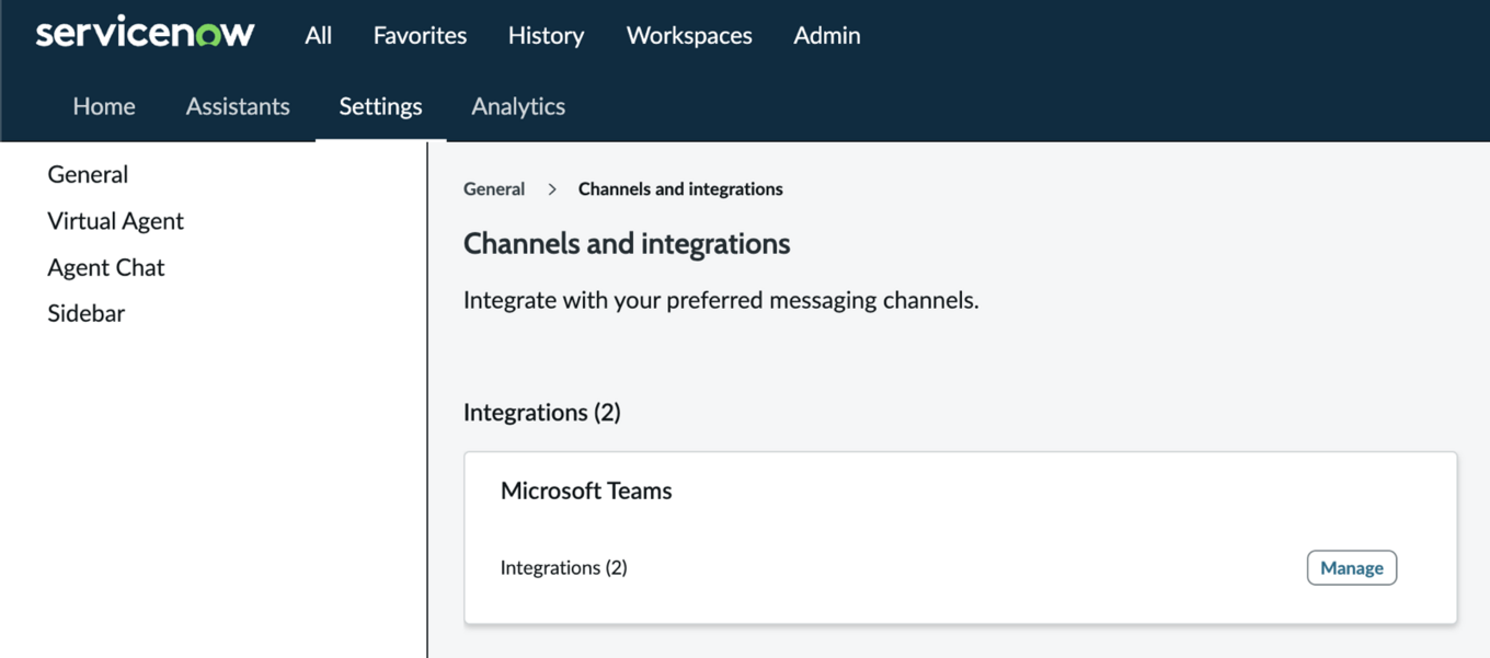 Interfaces conversationnelles Canaux et intégrations Paramètres généraux Portail affichant le bouton GérerMicrosoft Teams.