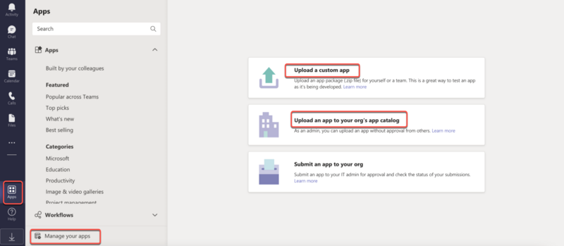 Microsoft Teams Portail des applications. Les options Applications, Gérer vos applications, Télécharger une application personnalisée et Charger une application dans le catalogue d’applications de votre organisation sont mises en surbrillance.
