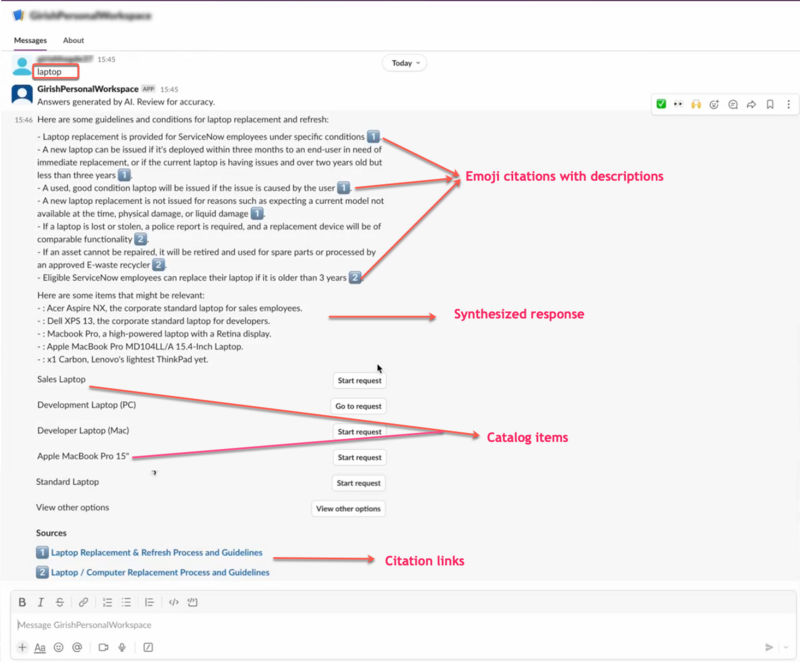 Slack Réponse synthétisée dans une Now Assist conversation activée.