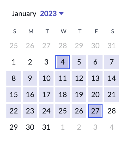 Calendrier affichant les dates de début à fin en surbrillance.