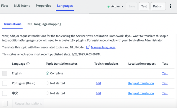 L’onglet Langues affiche l’anglais comme langue principale, avec le portugais brésilien et le chinois simplifié disponibles pour la traduction.