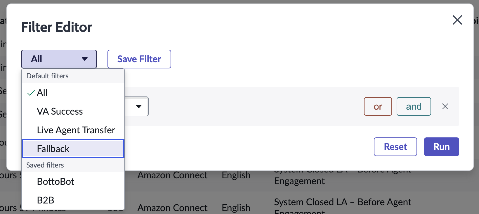Éditeur de filtre avec la liste déroulante des filtres ouverte, le filtre Tous sélectionné et le client Web de canal affiché sous Filtres enregistrés.