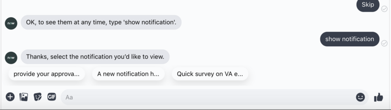 L’utilisateur saisit « afficher la notification » dans la fenêtre de messagerie instantanée et le bot répond par « Merci, sélectionnez la notification que vous souhaitez afficher », suivi de trois choix.