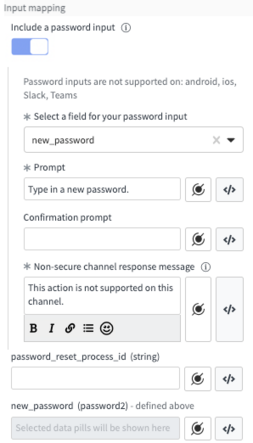 L’utilitaire d’action avec le bouton à bascule Inclure une entrée de mot de passe est activé et les invites de détails du mot de passe sont exposées.