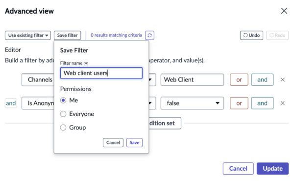 Éditeur de filtre avec la liste déroulante des filtres ouverte, le filtre Tous sélectionné et le client Web de canal affiché sous Filtres enregistrés.