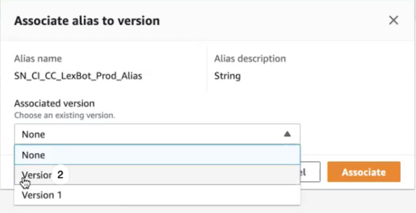 La liste Version associée affiche les versions disponibles et une option pour Aucune.