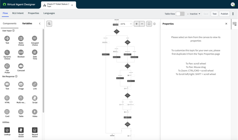 Onglet Flux de la rubrique prédéfinie Vérifier l’état du ticket informatique affichant le Concepteur d'agent virtuel canevas en mode lecture seule.