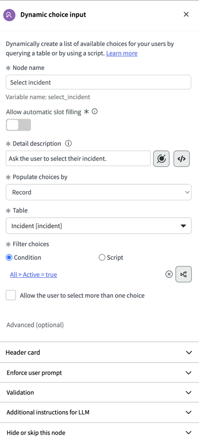 Tous les champs d’entrée utilisateur de Choix dynamique de base sont librement accessibles. Sélectionnez l’une des options avancées pour les ouvrir individuellement.