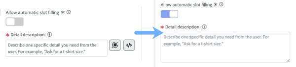 Lorsque l’option Autoriser le remplissage automatique de créneaux est inactive, la description détaillée inclut le sélecteur de pastilles de données et les options dynamiques de script. Lorsque l’option est active, le champ Description détaillée devient statique.