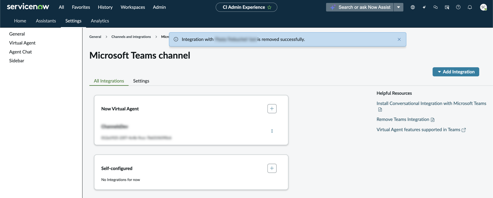 Message de bannière confirmant l’intégration supprimée avec Microsoft Teams.