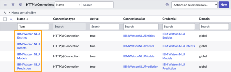 Il existe quatre enregistrements NLU IBM Watson à modifier : Entités, Intentions, Modèles et Prédiction. Vous devez définir le point de terminaison pour chaque enregistrement.