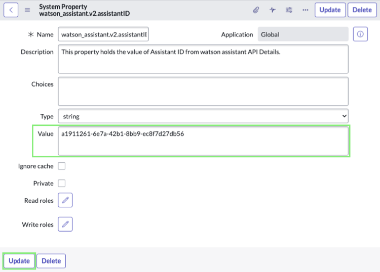 Formulaire de propriété système pour la propriété watson_assistant.v2.assistantID. Les exemples : la valeur de l’ID Watson Assistant et le bouton Mettre à jour sont mis en surbrillance.