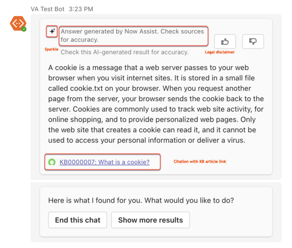Now Assist Affichage de la carte de questions et réponses avec l’image étincelante, la clause de non-responsabilité juridique, ainsi que la description et la citation de la question posée.