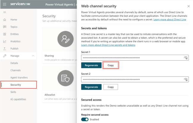 Les clés secrètes de Direct Line sont répertoriées dans la sécurité des canaux Web. Cliquez sur Copier pour le copier dans le presse-papiers.