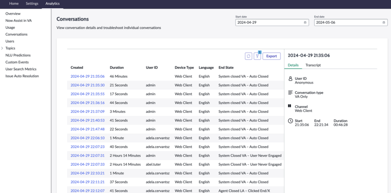 Agent virtuel Page Conversations d’analyse définie sur toutes les conversations, avec la première conversation de la liste mise en surbrillance.