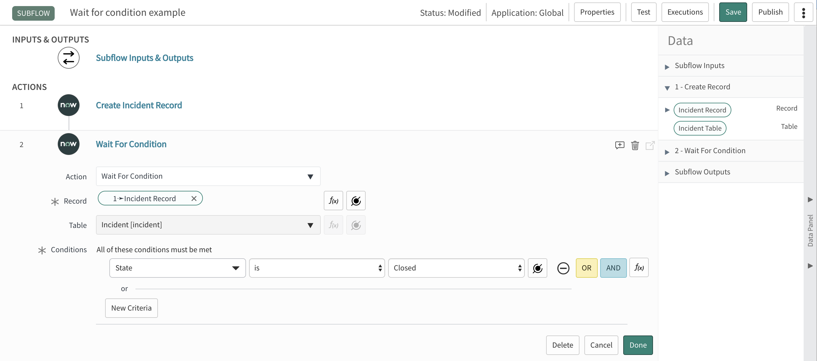 Condition remplie pour une action Attendre une condition dans Flow Designer.