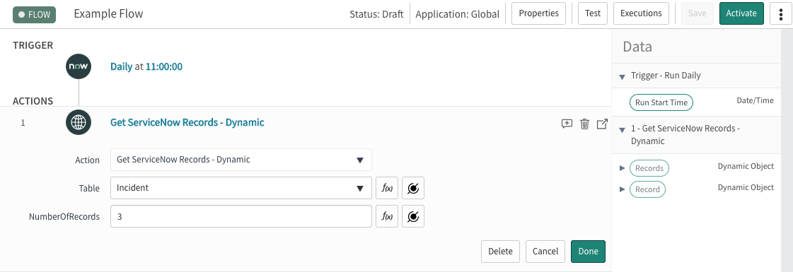 Utilisez l’exemple d’action Obtenir les enregistrements ServiceNow (dynamiques) dans un flux.