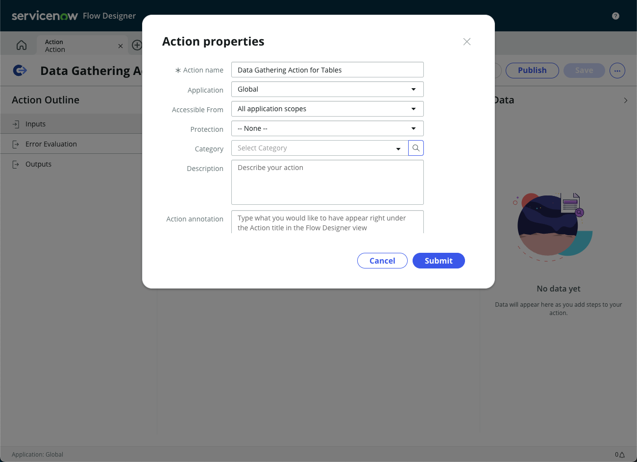 Exemples de propriétés d’action créées à partir de l’étape 2